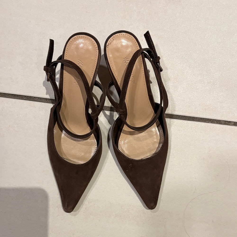 H&M Dark Brown genuine leather Suede Pointed Slingback Heels